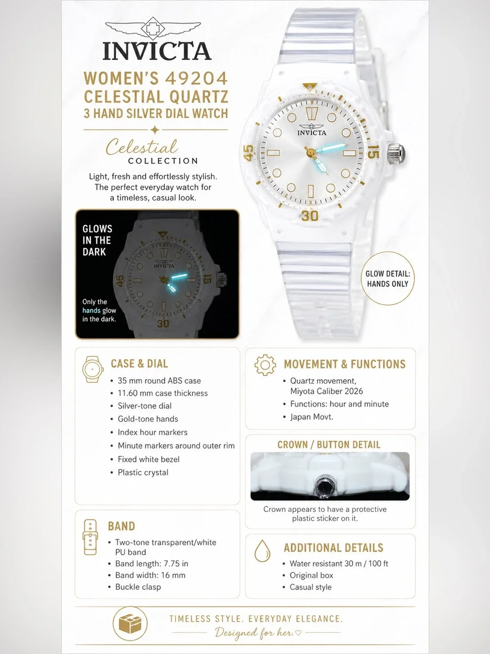 Invicta Celestial 49204 Women’s White Clear Quartz Watch 35mm NWT
